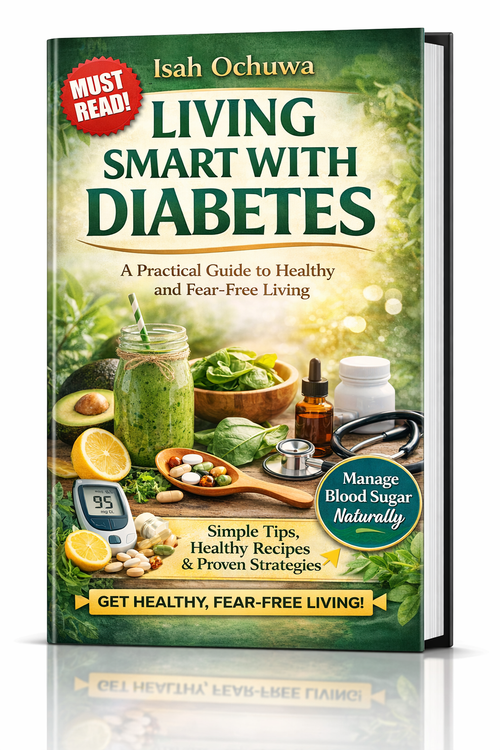 Living Smart with Diabetes ebook cover showing blood sugar control guide with Nigerian diet and healthy lifestyle tips